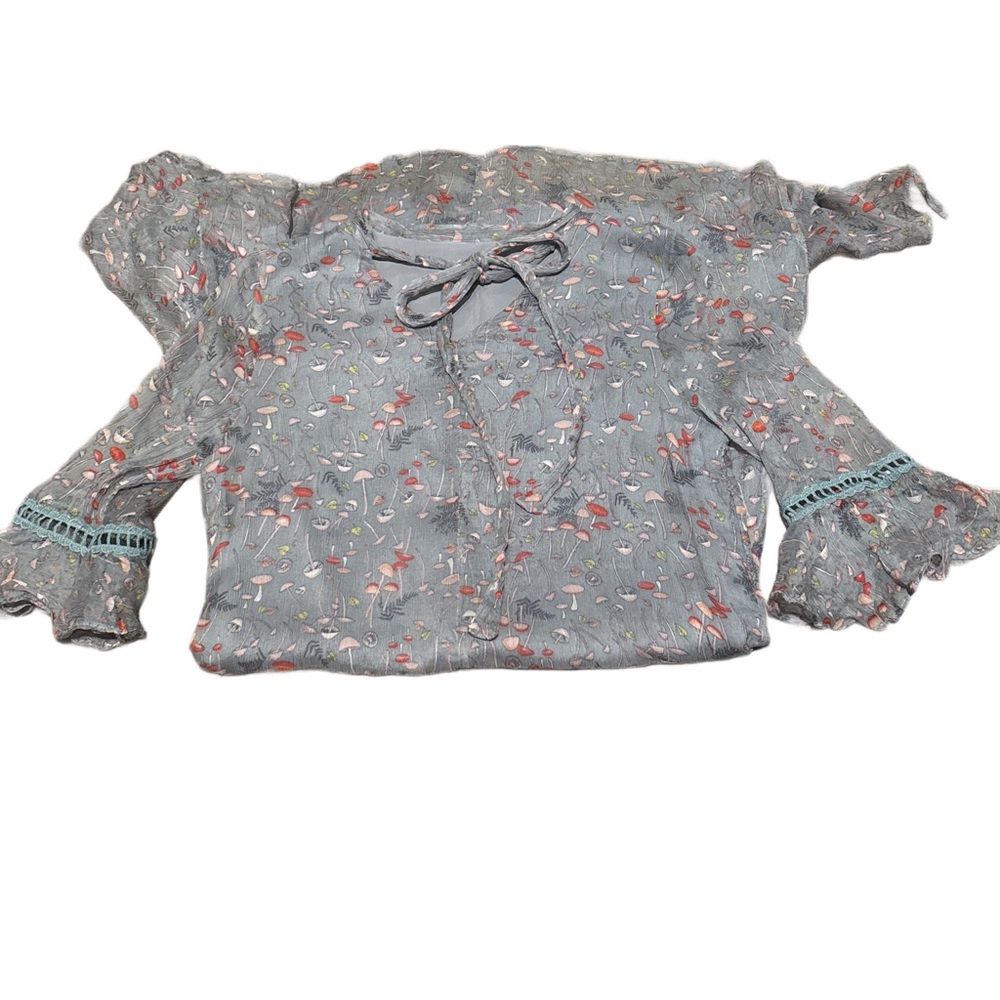 Mushroom Pattern Gray Dress with Ruffle Sleeves - Picture 3 of 4
